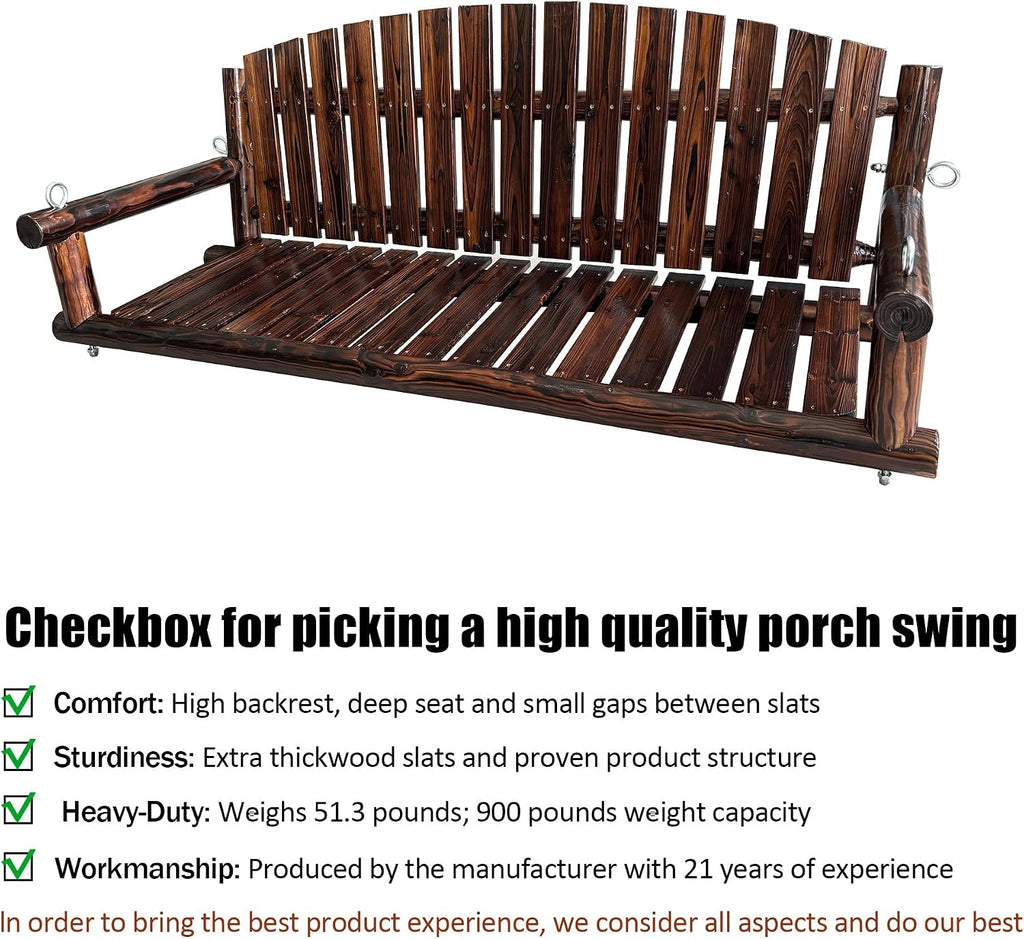 3.5 FT Rustic Log Wooden Porch Swing, Heavy-Duty 900 LBS, Outdoor Hanging Bench , Garden, Yard - Solid Fir Wood