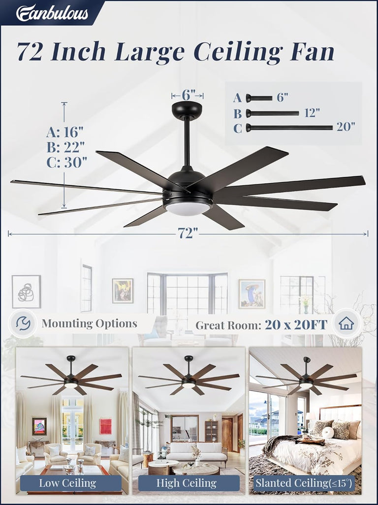 72" Ceiling Fan with LED Light and Remote - Classic Black