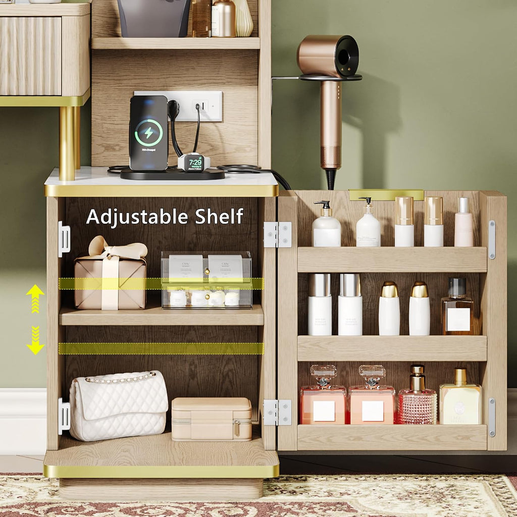 Vanity Desk w/5x Magnifying Mirror, Fluted Makeup Vanity w/Mirror and Lights, Glass Top Vanity, Dressing Table