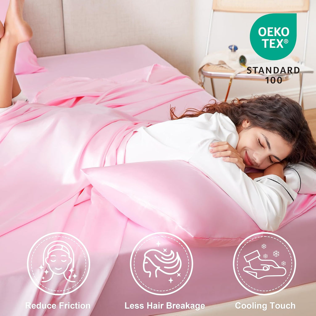 Satin King Sheet Sets - 4 Piece Pink Silky Sheets King Bed Set with Deep Pocket, Luxury Silk Feel King Satin Sheet