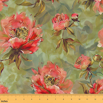Red Flowers Outdoor Fabric by The Yard, Retro Green Leaves Rustic DIY Craft, Nature Lover Vintage Garden Plants Soft