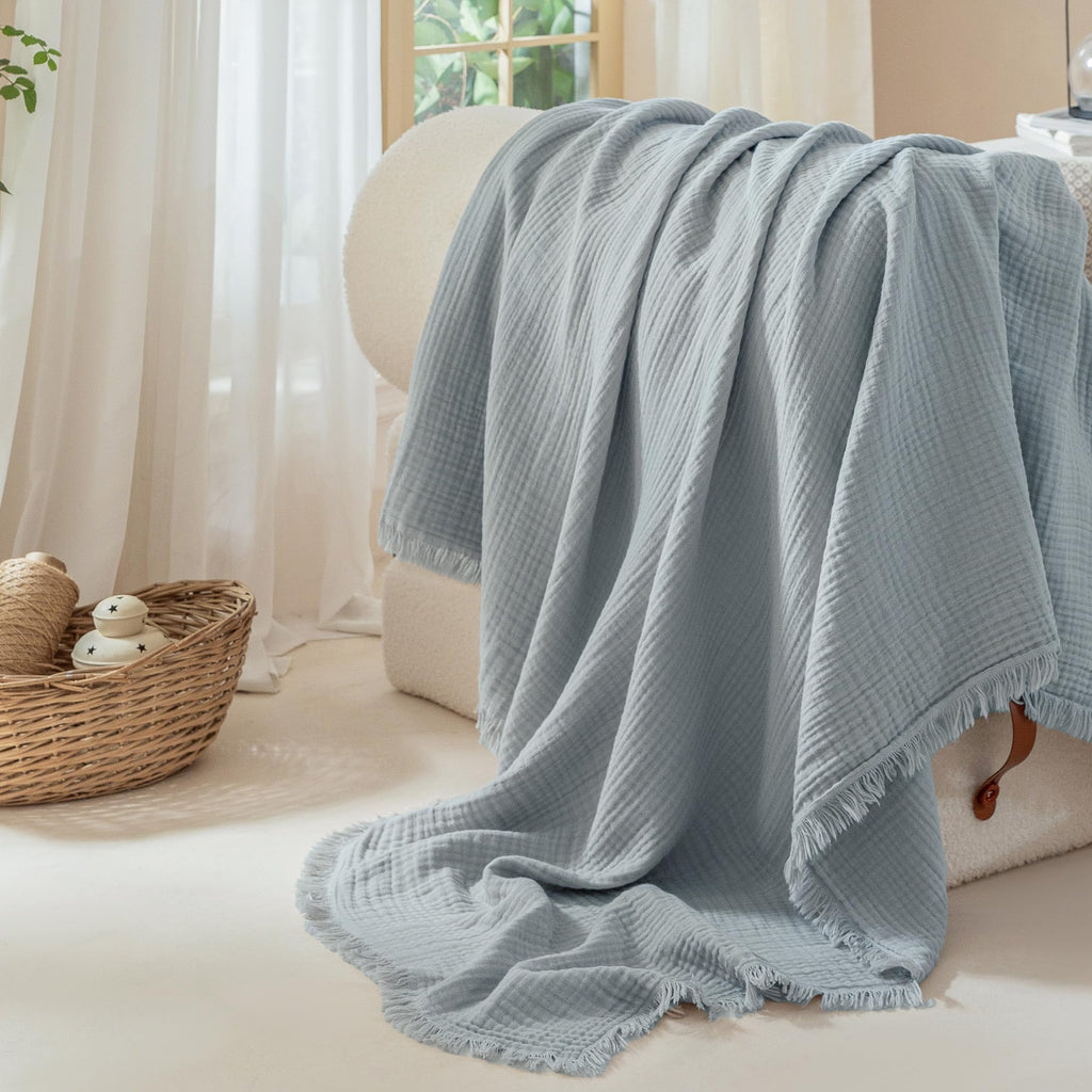 Muslin Fringe Throw Blanket 100% Cotton 4-Layer Airy Gauze