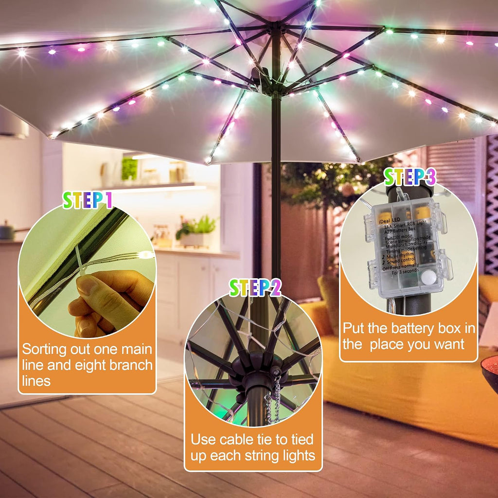 Patio Umbrella Lights, 104 Bright LEDs DIY Colors USB Battery Powered Waterproof Outdoor Umbrella Lights with APP