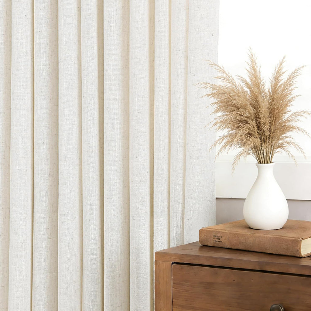 Triple Pinch Pleated 86 inch Long Linen Curtains 2 Panels Set Track System Curtains Neutral Modern Farmhouse Light