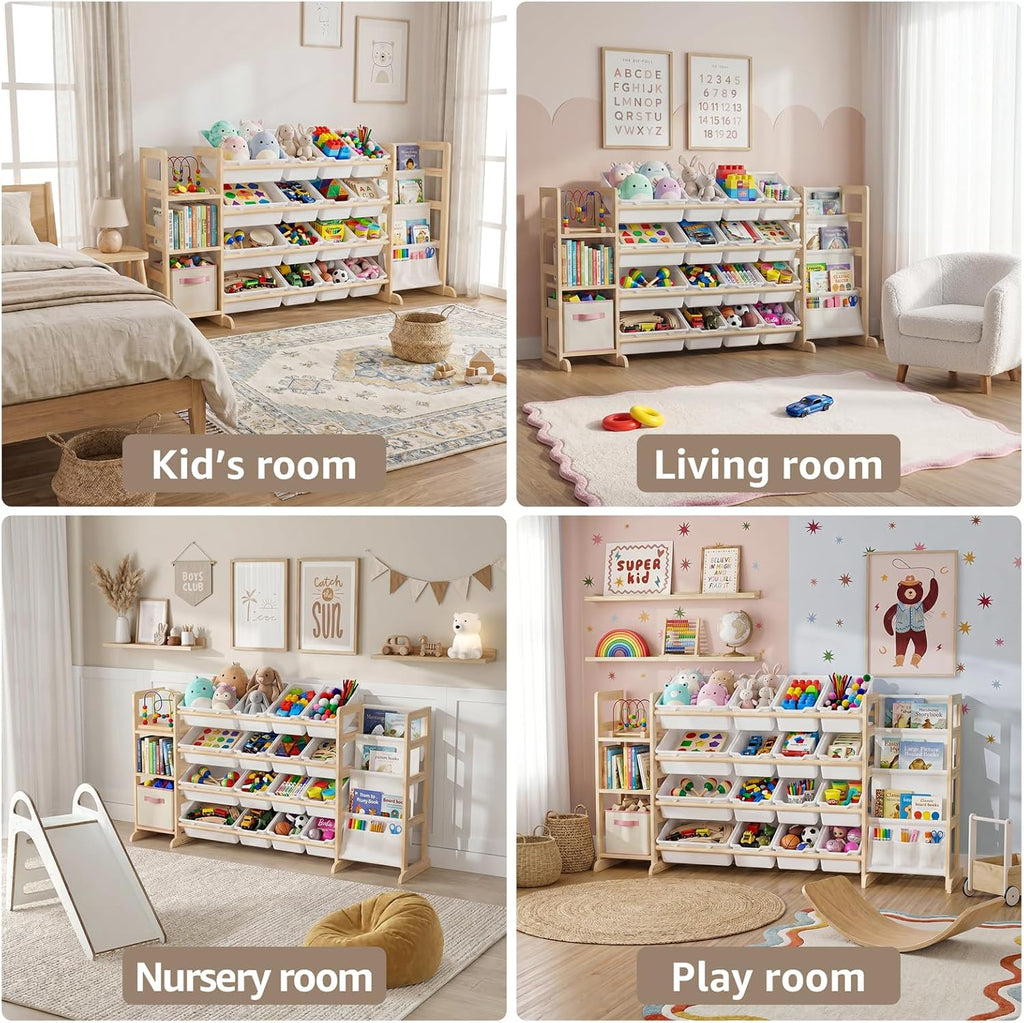 Large Toy Storage Organizer with Bookshelf - 3 Shelves and 12 Bins Kids Solid Pine Wood Toy Organizer with 3 Tier