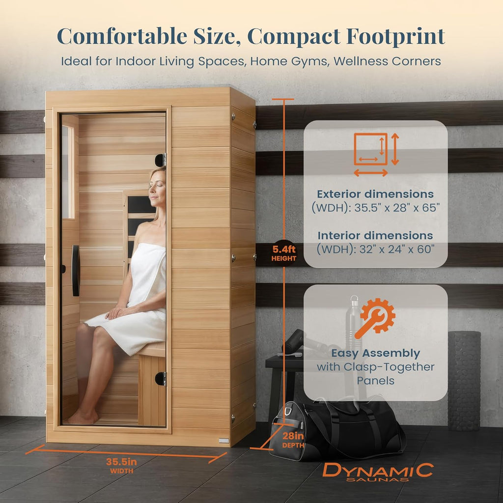 DYNAMIC SAUNAS Elite 1 Person Compact Ultra Low EMF FAR Infrared Sauna with Red Light Therapy & Bluetooth Speakers