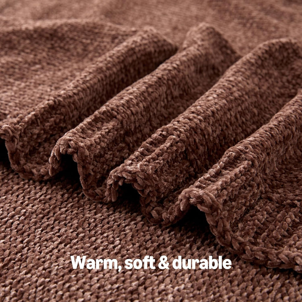 Chunky Chenille Knit Throw Blanket, Soft and Warm Lightweight Jersey, 50"×60", Brown