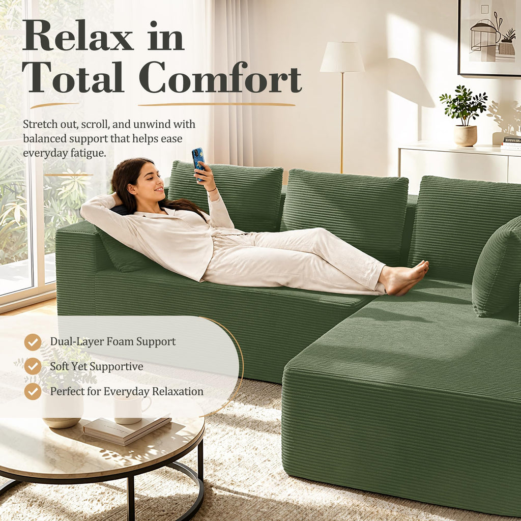 98" Cloud Sectional Boneless Couches, Modular L Shaped Corduroy Sofa with Left Facing Chaise, Dual-Layer