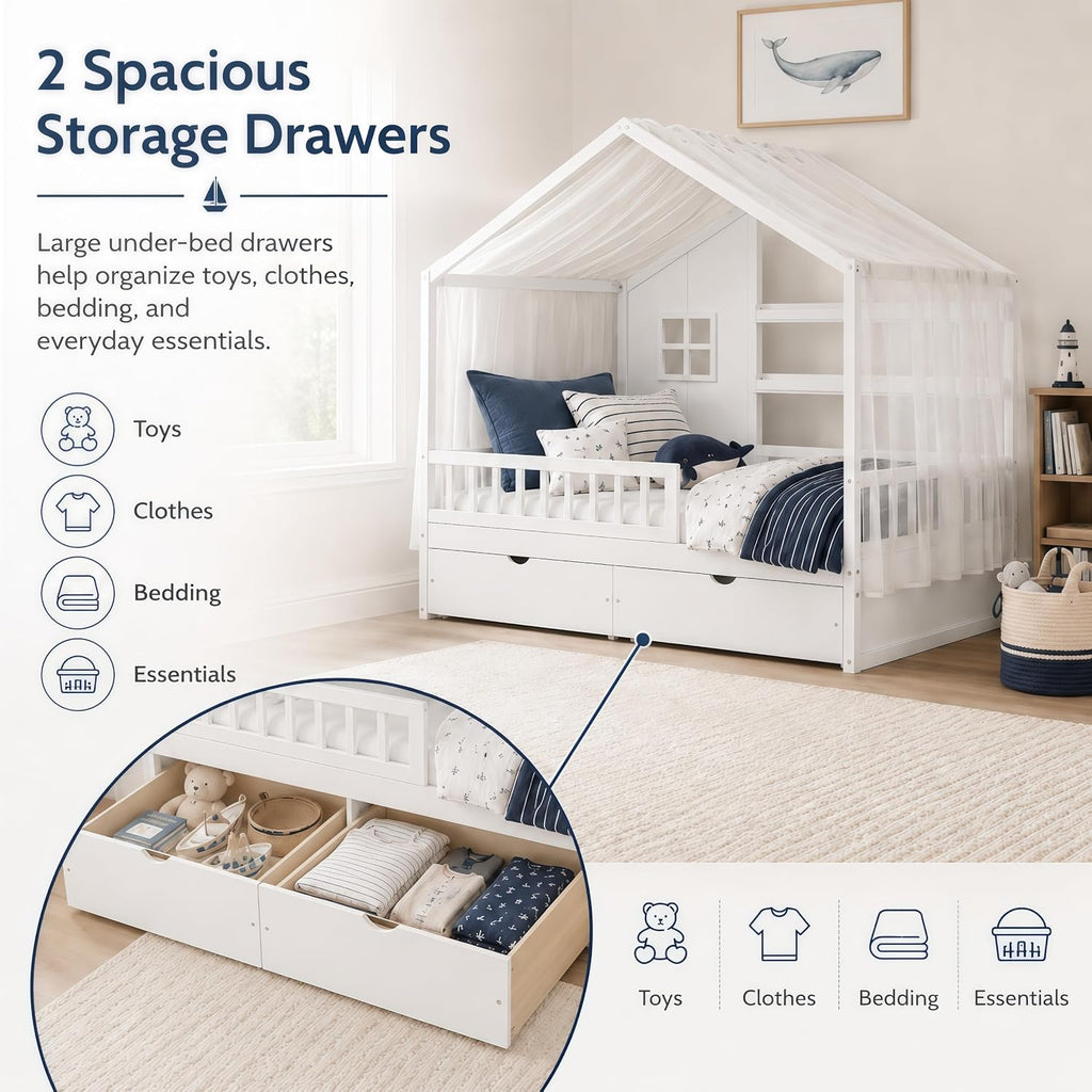 Full House BedFrame with Canopy and Storage Drawers, Montessori Bed, House Bed with Rails for Kids, White