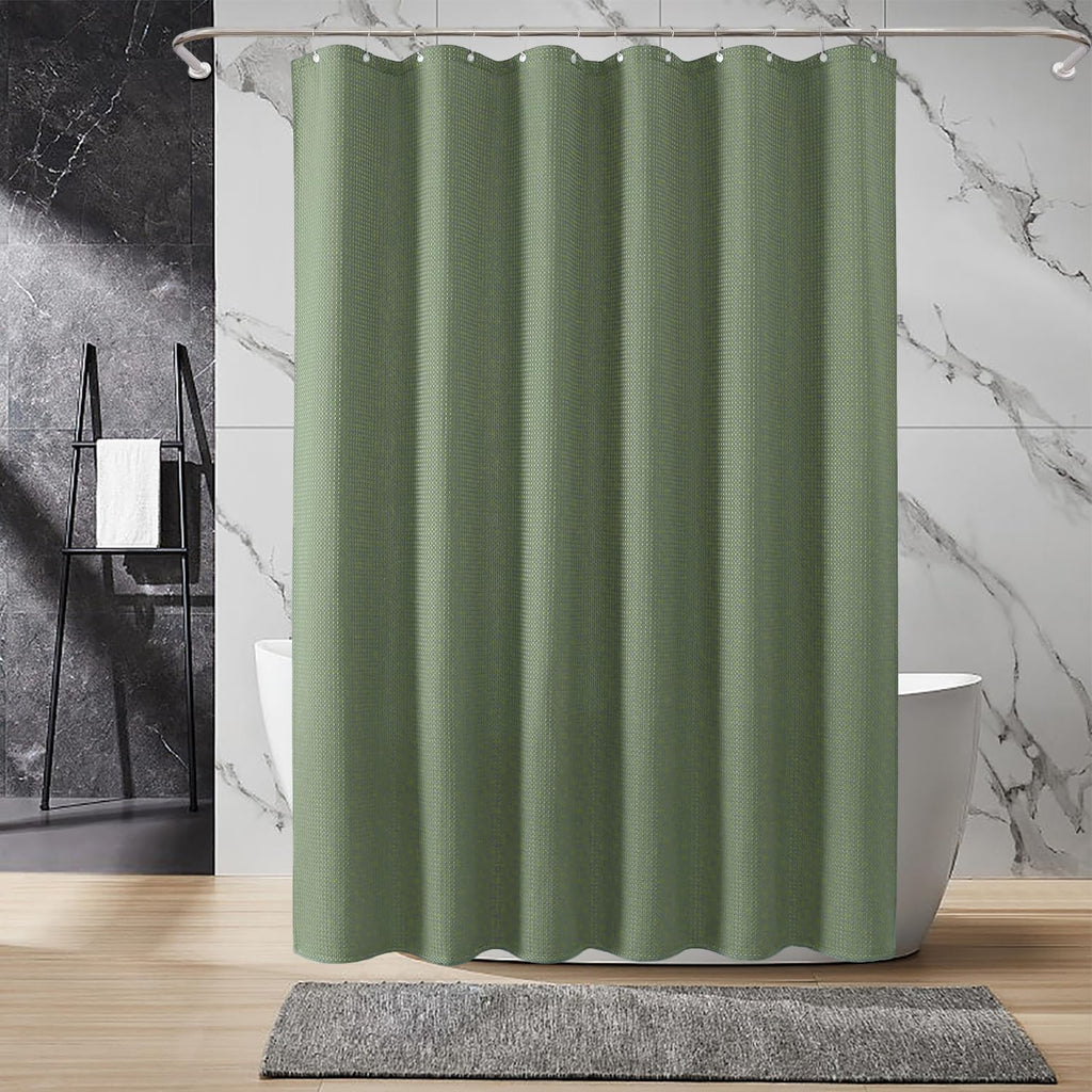Fabric Shower Curtain, Waffle Weave 230 GSM Polyester, Weighted Hem, Metal Hooks Included, Water Repellent Washable