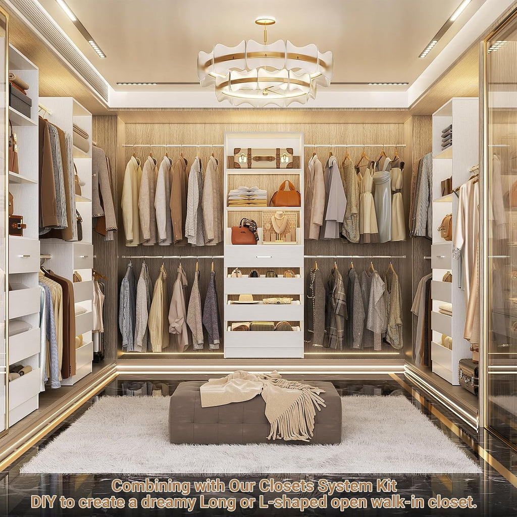 Closet System, 4-9Ft Closet Organizer with 4 Wooden Drawers, Wood Closet Organizer System with Tower, Walk-in Closet