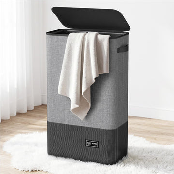 Slim Laundry Hamper with Lid, 75L, Black-Gray
