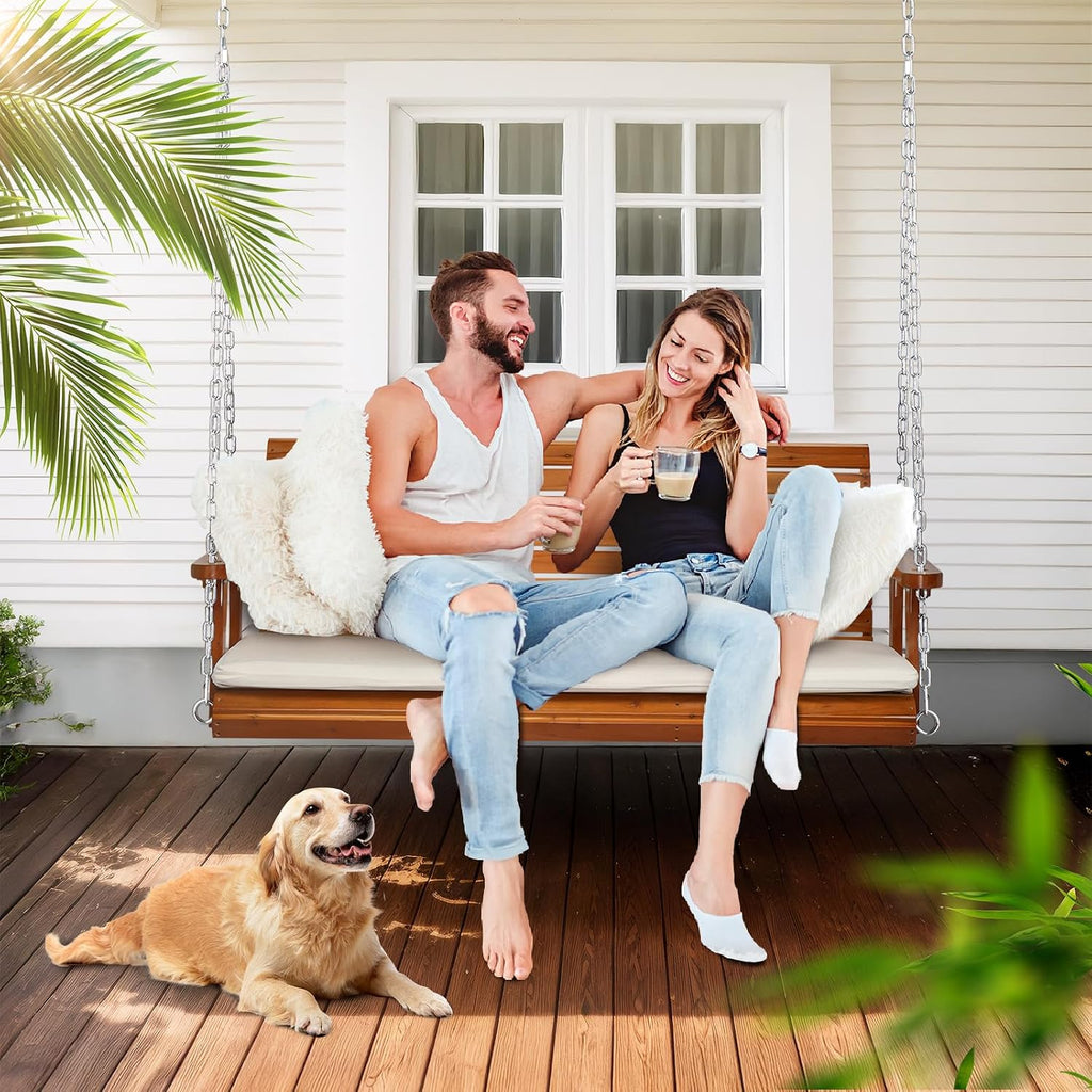 5 FT Heavy Duty Porch Swing with Cushion, 880 LBS Wooden, Brown | Extra Cushion Included; Heavy-Duty Wood Frame;