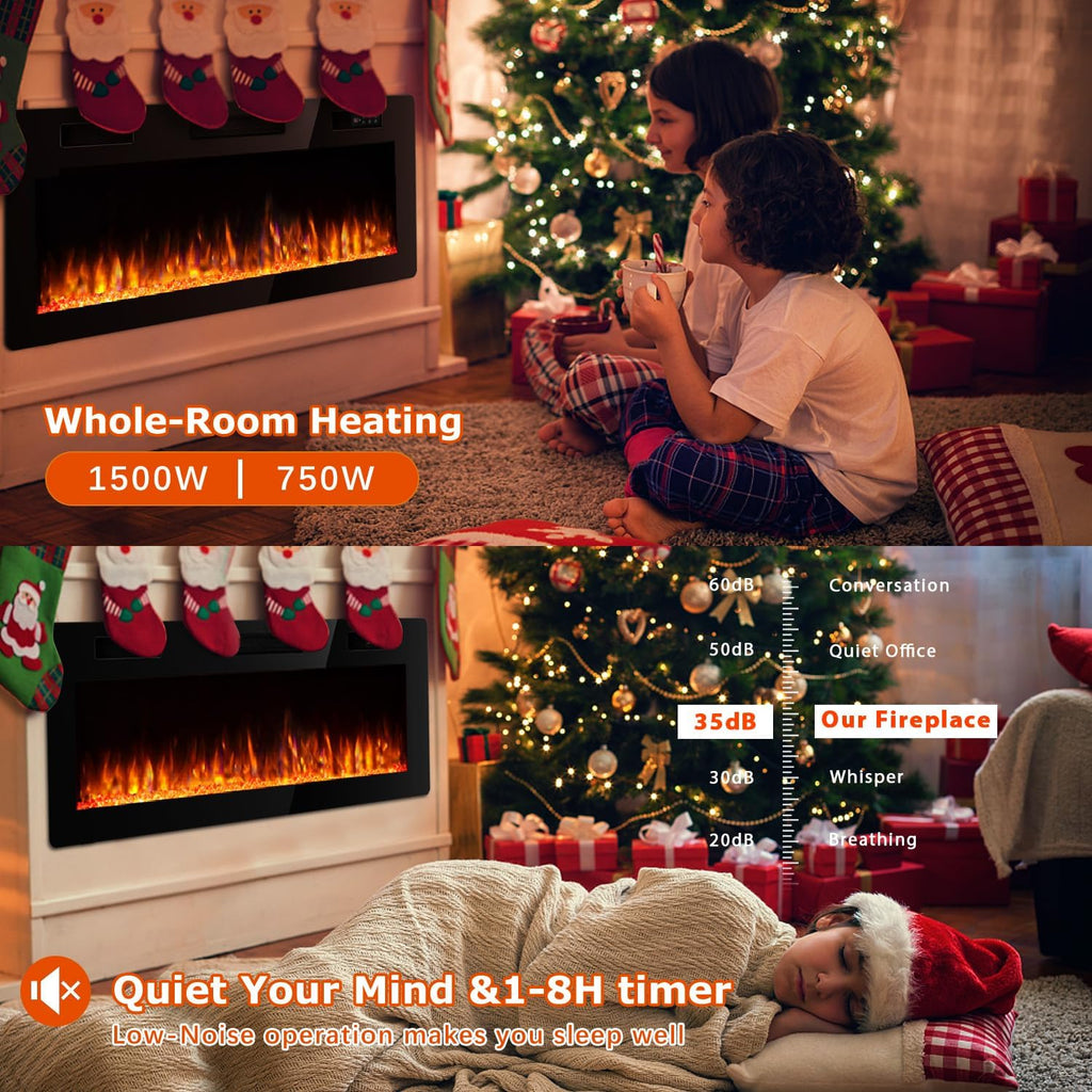72 Inch Ultra Thin Electric Fireplace-Narrow Bezel Linear Fireplace Heater Recessed Wall Mounted