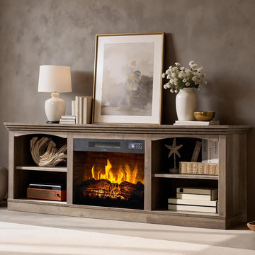 70 Inch Fireplace TV Stand for TVs up to 80", Farmhouse Entertainment Center with 23" Electric Fireplace One-Box
