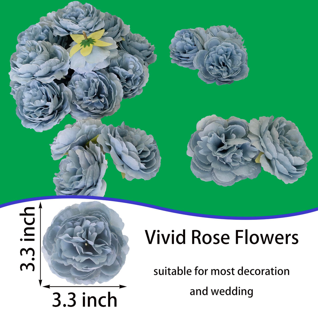 Grayish Blue Rose Flowers Artificial for Decoration, 3.3'' Blue Silk Flower Heads, 40 Pcs Grey Blue Rose Flowers, Silk