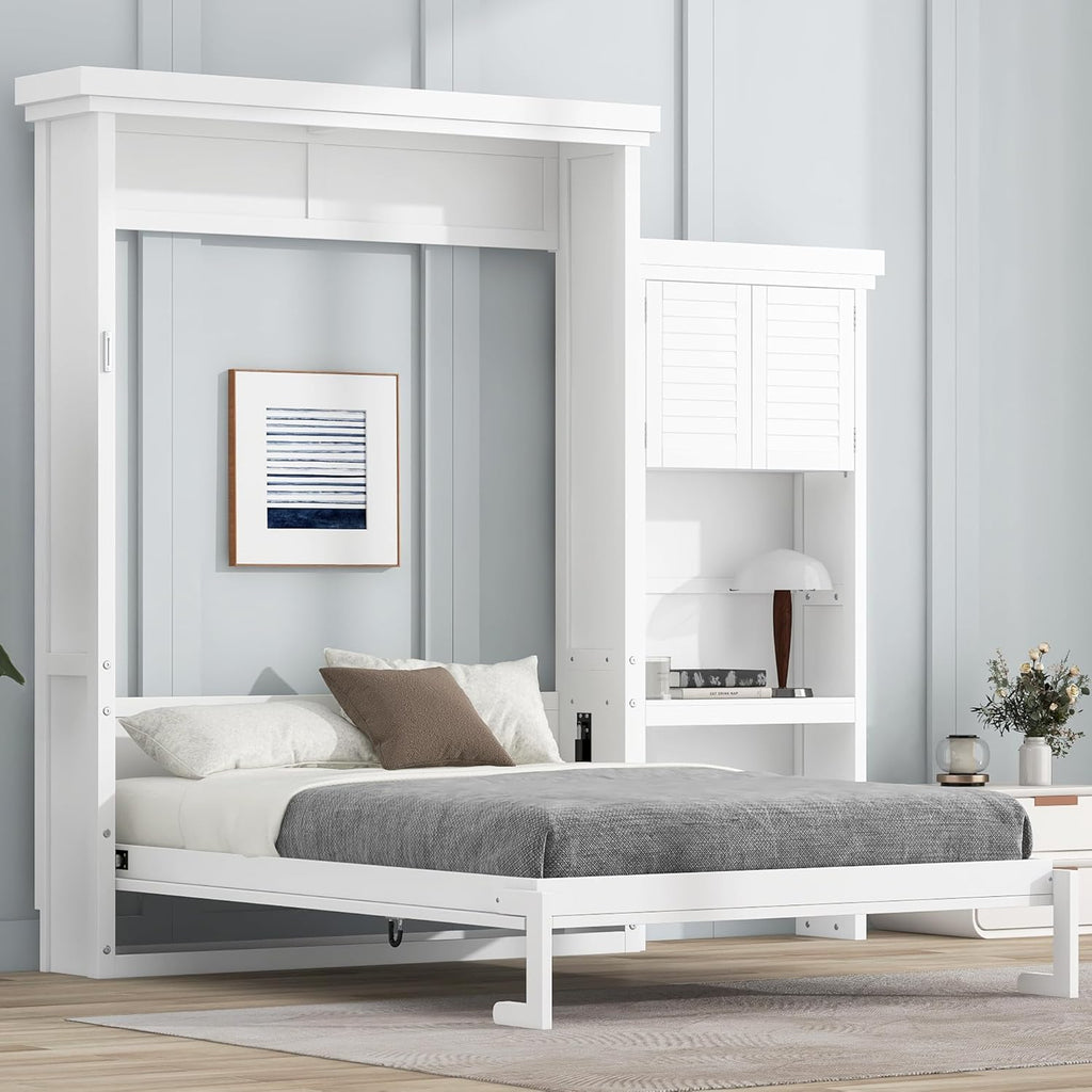 White Murphy Bed Queen with Shelves and Cabinet,Multifunctional Solid Wood Foldable Wall Bed with Louvered Style