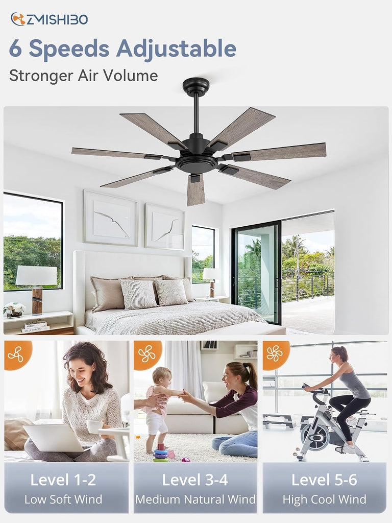 52“ Ceiling Fans No Light with Remote, Black Modern Ceiling Fan Without Light, Quiet Reversible DC Motor, 6 Speeds
