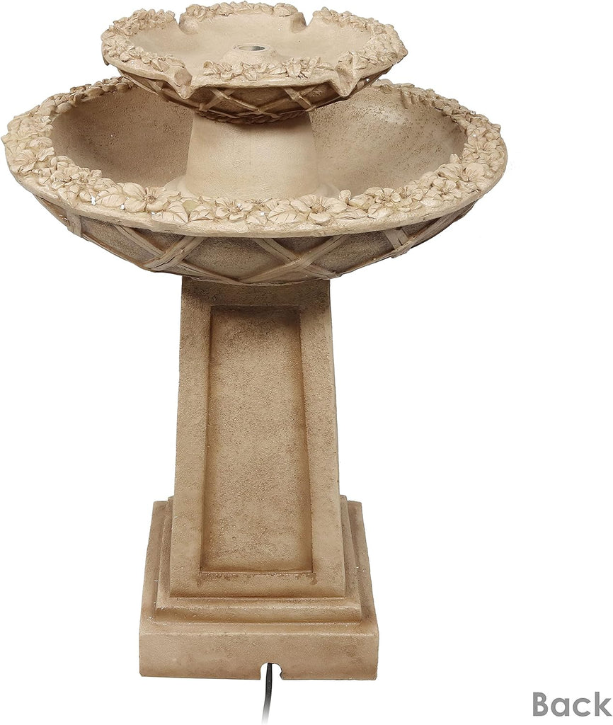 Beveled Flower 28-Inch 2-Tier Outdoor Water Fountain - Backyard Water Feature & Bird Bath or Deck