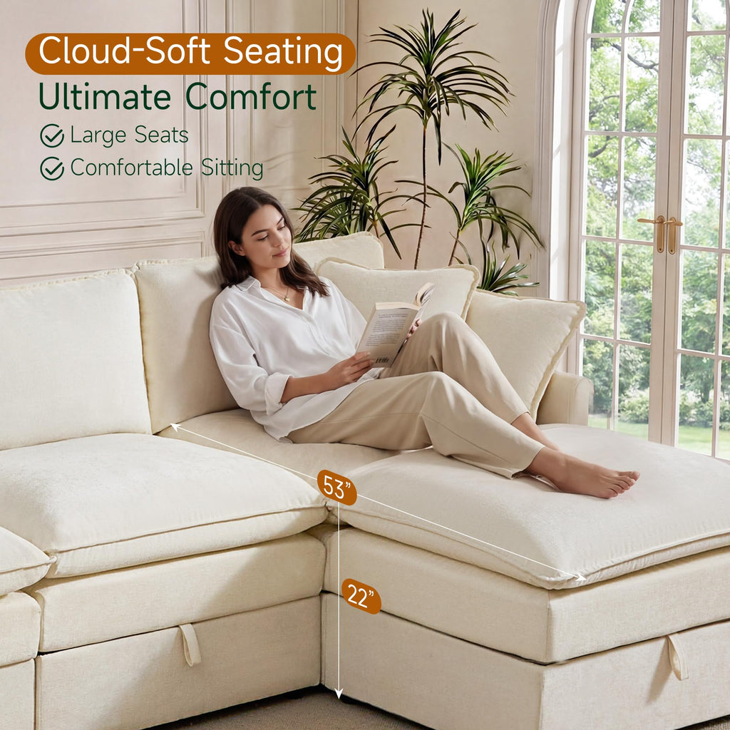 Modular Sofa with Storage, 135" V Shaped Sectional Cloud Couch, Oversized Fabric Couch with Movable Ottoman, 8 Seat