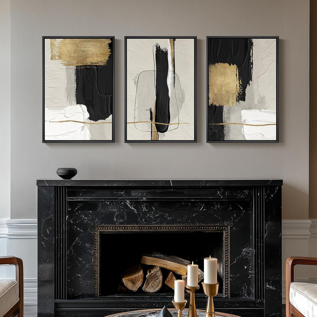 Large Framed Black and White Abstract Wall Art, 3 Piece - Set of 3