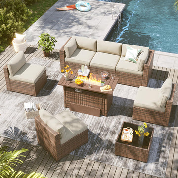8 Piece Outdoor Patio Furniture Set with 44'' Fire Pit Table, Outdoor Patio Furniture Set with 4'' Thicken Cushion