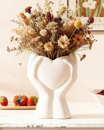 A Heart Held in Two Hands White Vases for Flowers - Cute Modern Small Ceramic Flower Vase for Pampas Grass