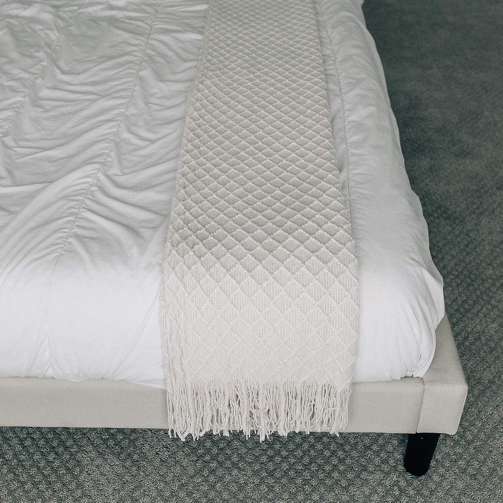 Oversized Throw Blanket | Soft, Fluffy, Cozy Decorative Knitted Boho Fringe Blankets | Ivory, Large - 50" x 60"