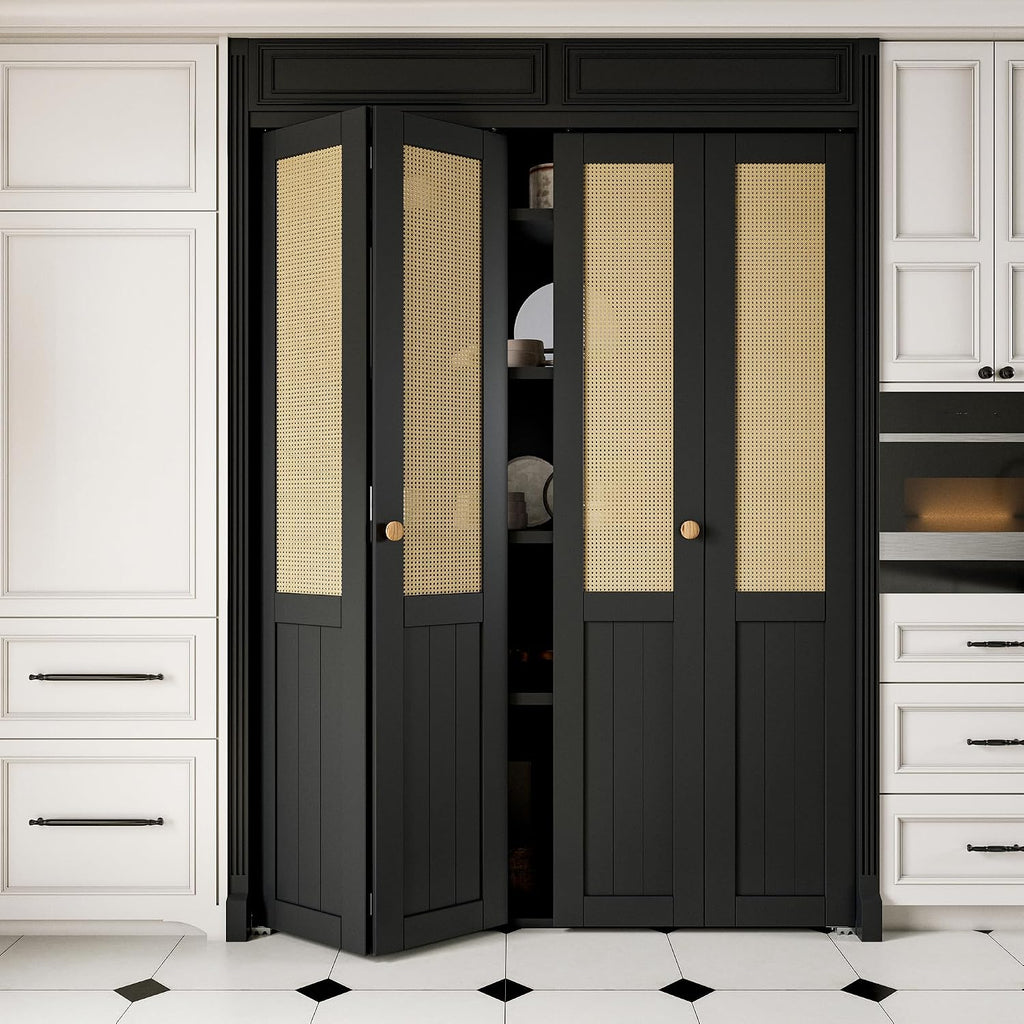 60'' x 80" Rattan Bifold Closet Door, Cane Webbing Wood Interior Door Slab, Build Quality Black Folding Barn Doors