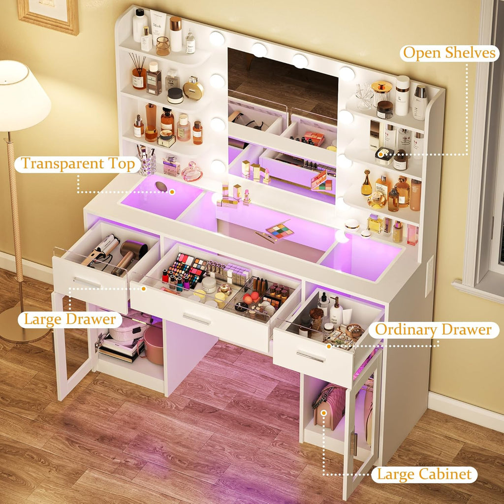 Vanity Desk, Makeup Vanity Desk with Mirror and Lights 3 Colors, Transparent Top with 3 RGB Drawers, 6 Shelves, 2