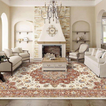 Washable Oriental Area Rug - 9x12 Rugs Soft Carpet Waterproof Floral Distressed Indoor Stain Resistant Non-Shedding