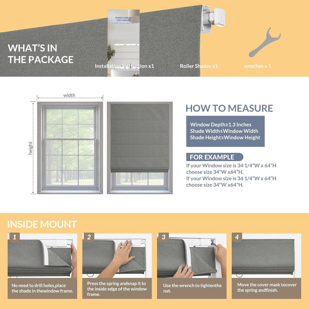 No Drill Roman Shades for Windows, Cordless Blackout Window Shades with UV Protection, Easy Install for Indoor