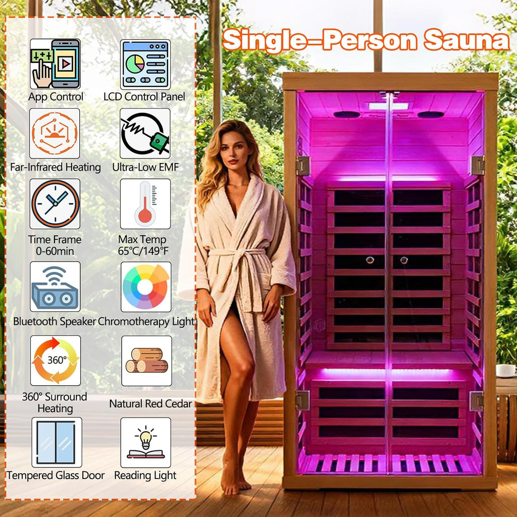 Smart APP Control 1 Person Ultra Low EMF (0-5mG) Far Infrared Sauna for Home