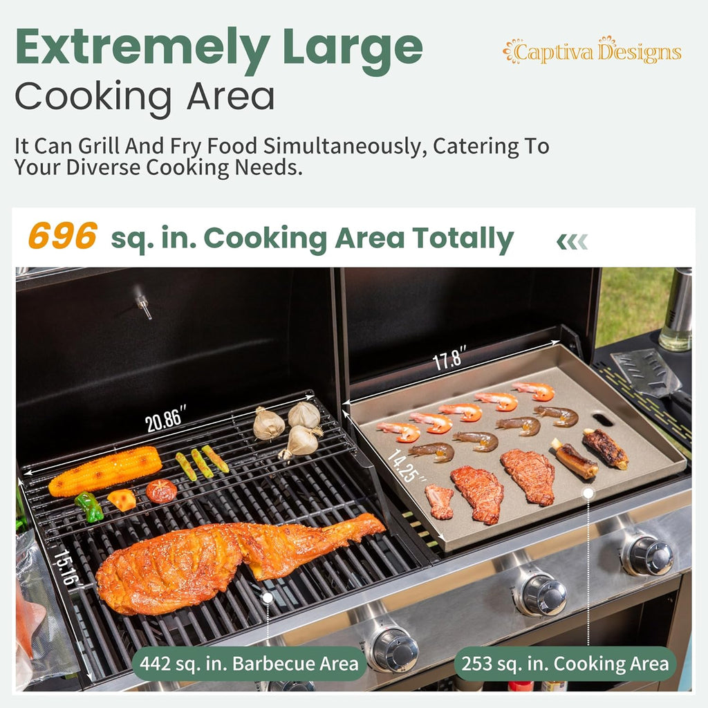 Propane Gas Griddle and Grill Combo, Dual BBQ with Porcelain-Enameled Cast Iron Grates and Cast Iron Pan, Flat Top Griddle, 696 Sq. In. Cooking Area for Patio and Backyard