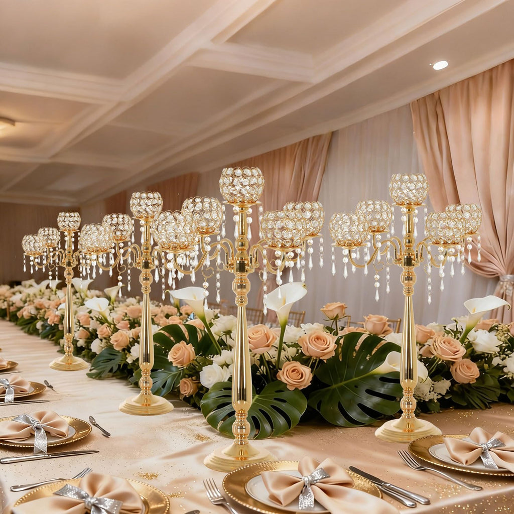 4 Packs 5 Arms Crystal Candelabra, Gold Floor Candle Holder Set with Chandelier Crystal Beaded Anniversary Dinner