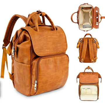 Collective Explorer Brown Diaper Bag Backpack - Vegan Leather Diaper Bag with Shoulder Strap, Insulated Bottle