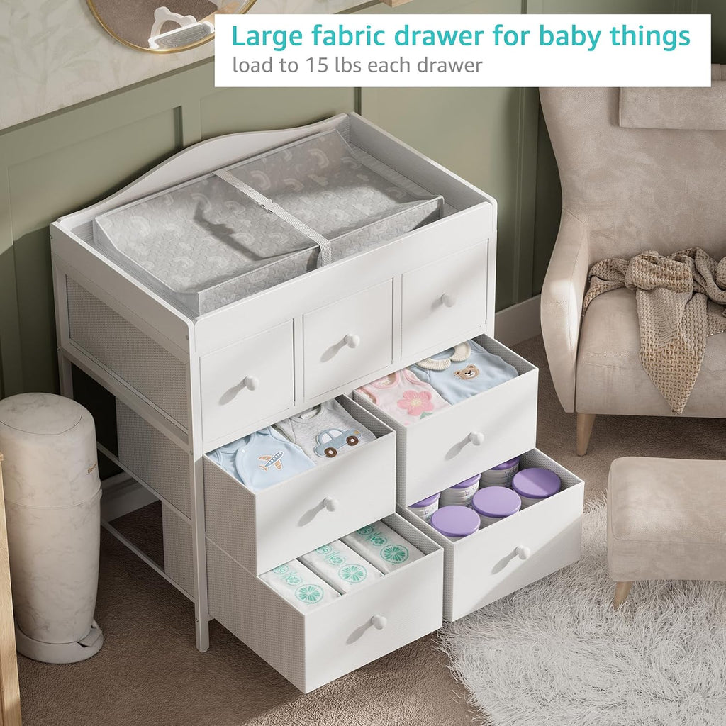 Changing Table Dresser with Storage, Baby Dresser with Changing Table Top Diaper Changing Station with 7 Fabric