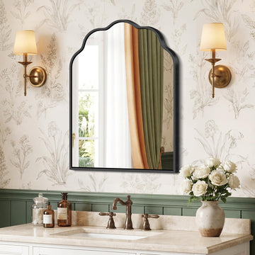 Arched Scalloped Mirror, 18×24Inch Black Mirror, Wavy Wall Mounted Vanity Mirror with Aluminum Alloy Frame Bedroom
