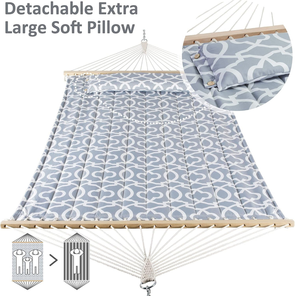 Double Quilted Hammock with Hardwood Spreader Bar, Grey Pattern | Heavy Duty 2 Person Hammock with Extra Large Soft
