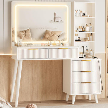 Vanity Desk with Mirror and Lights, Makeup Vanity Desk with Power Outlet, Makeup Desk with 5 Drawers&Storage Shelves