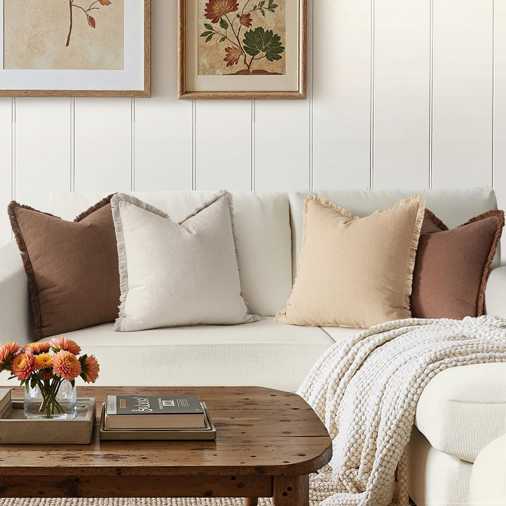 Decorative Couch Pillow Covers Neutral Linen Fringe Throw Pillows Set of 4 Accent Rustic Cushions Boho Farmhouse