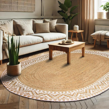 5X8 Feet-Oval, Premium Natural Jute Braided Area Rug, White Printed Border & Backing, Stain Resistance, Natural