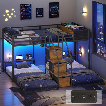 Triple Bunk Bed with Storage Staircase, RGB Lights & Charging Station, Twin Over Twin