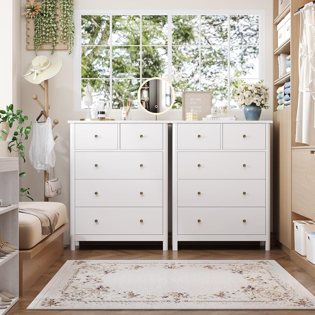 White Dresser with 5 Drawers, Tall Chest of Drawers, 5 Drawer Dresser with Deep Space, Wood Storage Cabinet , White