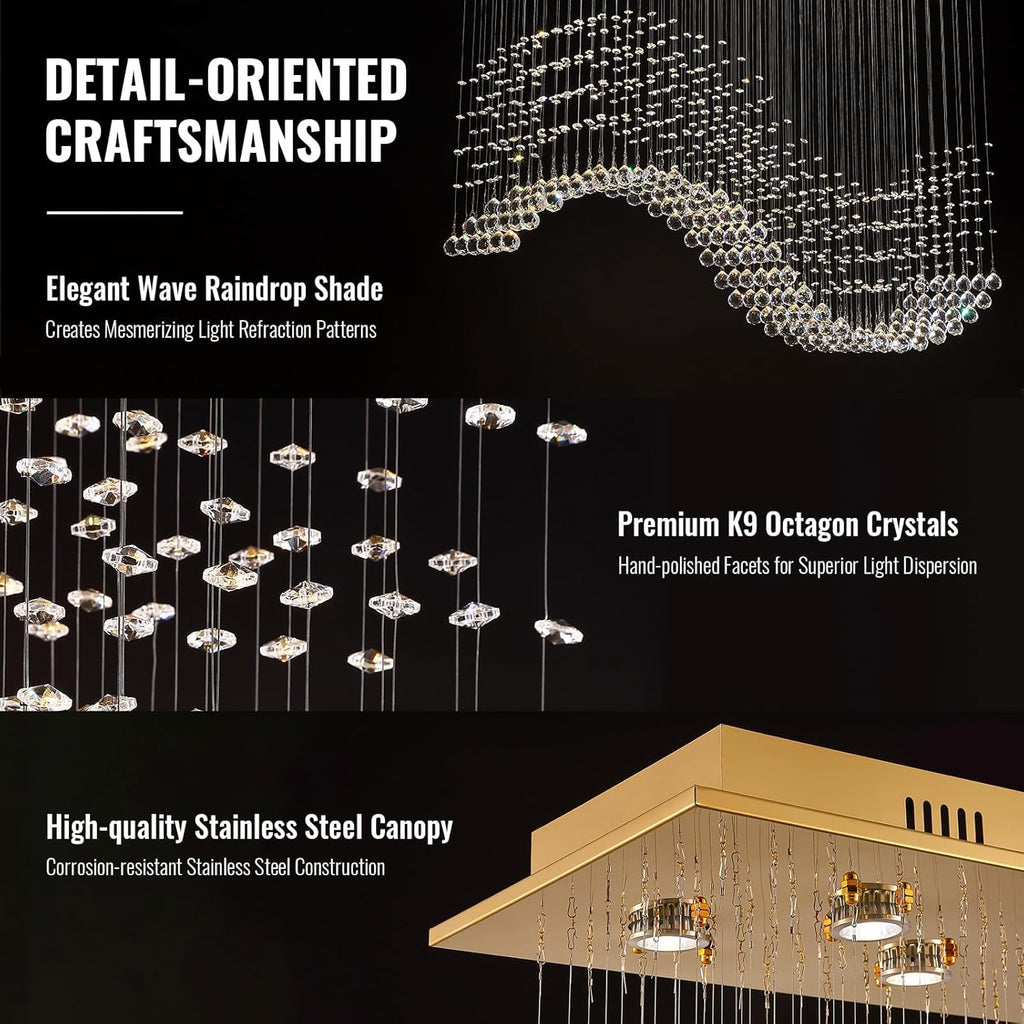 12-Lights Modern Crystal Chandeliers, Luxury Wave Raindrop Crystal Pedant Light Fixture, Rectangular Flush Mount