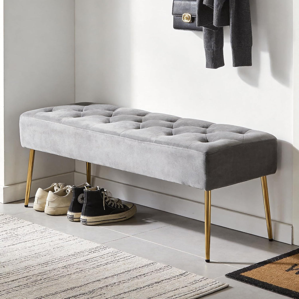Modern Velvet Ottoman Bench, Button-Tufted Upholstered Bedroom Benches,End of Bed Bench with Gold Base Living Room
