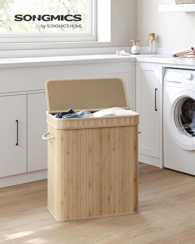 Laundry Hamper with Lid, Bamboo Laundry Basket, Removable Machine Washable Laundry Basket, with Handles