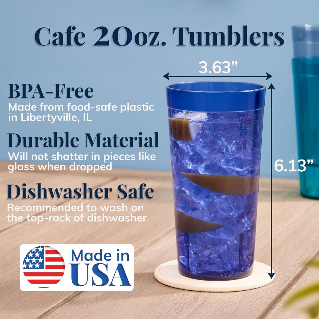 Cafe Plastic Reusable Tumblers (Set of 16) 20-ounce Water Cups Coastal Colors | Restaurant Style Drinking Glasses