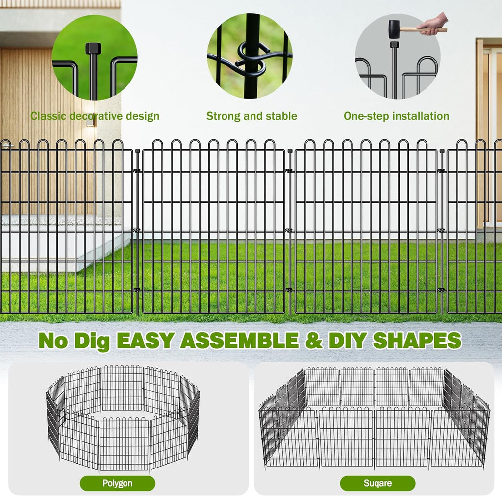 10 Panels No Dig Decorative Garden Fence with Gate for Yard, 48 in(H) X 26.25 ft(L) Animal Barrier Fencing for