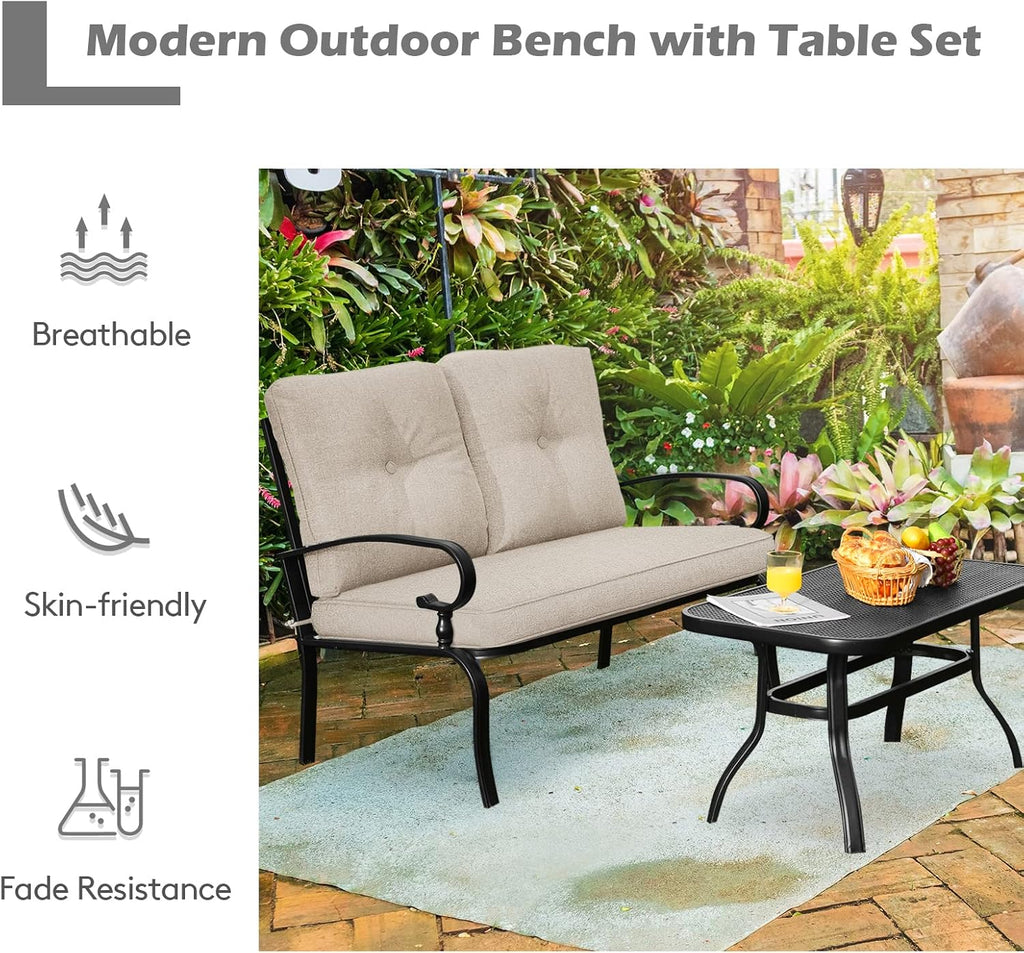 Patio Loveseat with Coffee Table - 2-Piece Patio Conversation Sofa Set w/Backrest & Cushions, Modern Outdoor Glider